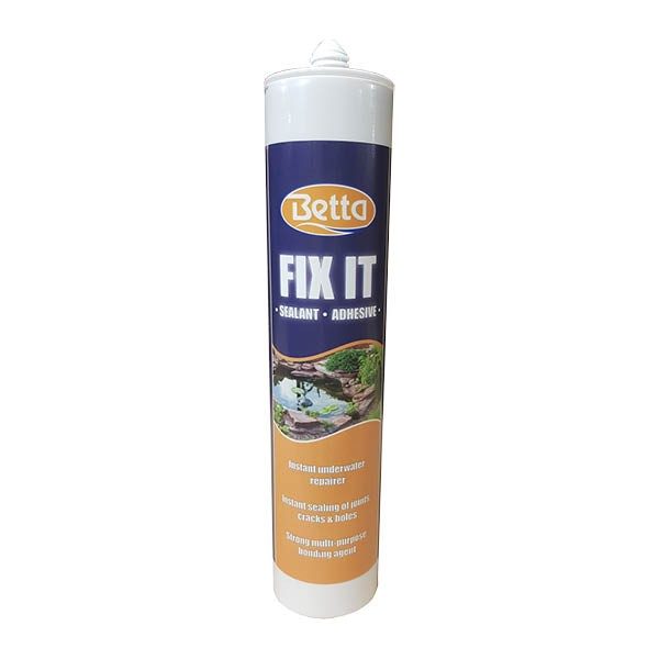 Betta-Fixit Underwater sealant works on wet surfaces (must be clean) and under water. Will stick to almost any surface. Use this to do things such as; repair leaks in pond liners fibre glass and plastic pools as well as concrete water courses. Also works on glass too.